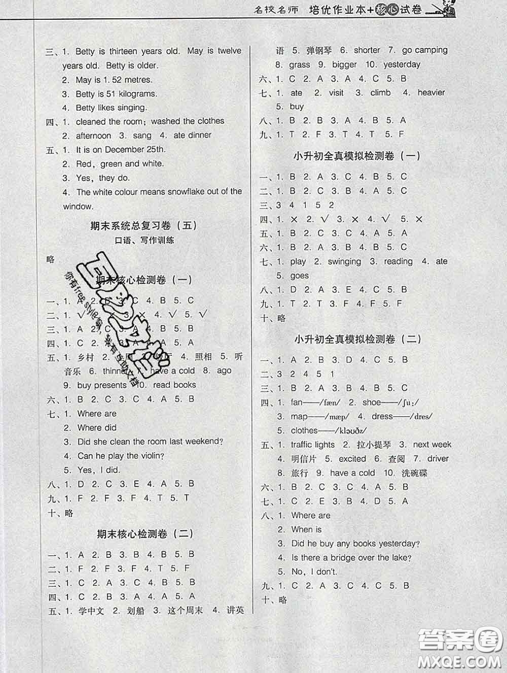 2020新版名校名師培優(yōu)作業(yè)本加核心試卷六年級(jí)英語(yǔ)下冊(cè)人教版答案