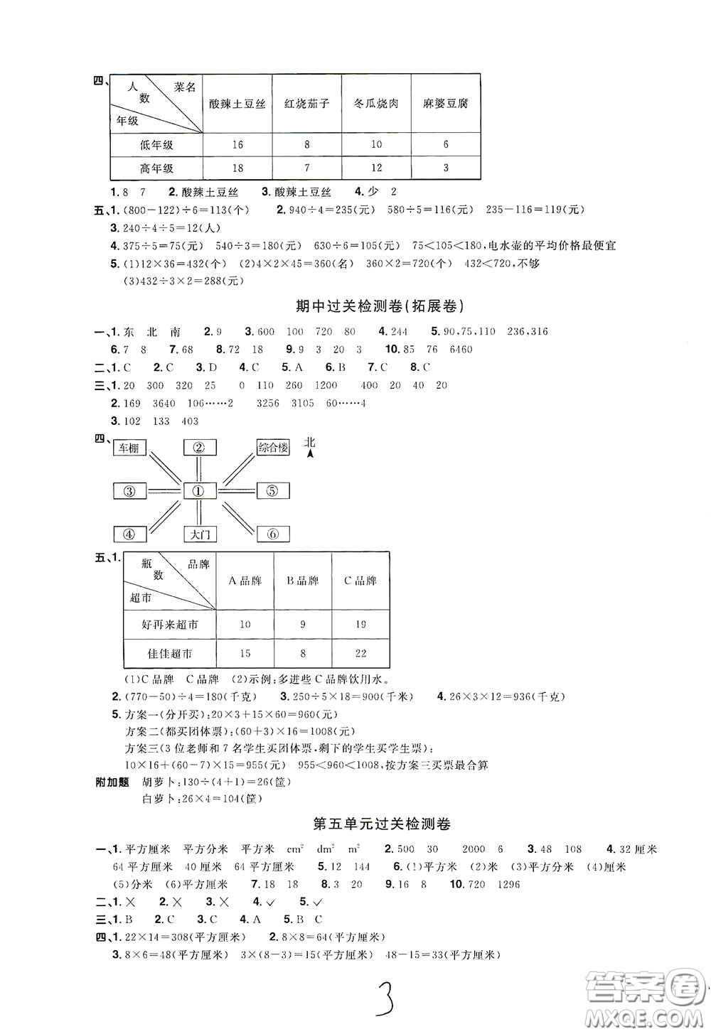 浙江教育出版社2020陽光同學全優(yōu)達標好卷三年級數(shù)學下冊浙江專版答案