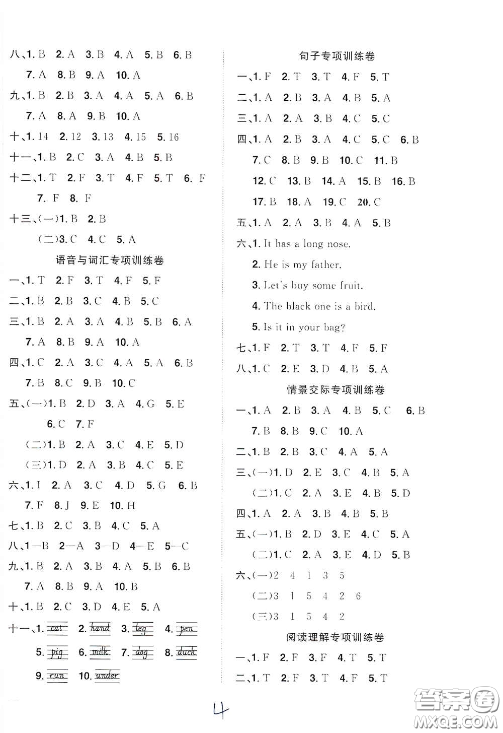 浙江教育出版社2020陽光同學(xué)全優(yōu)達(dá)標(biāo)好卷三年級英語下冊浙江專版答案