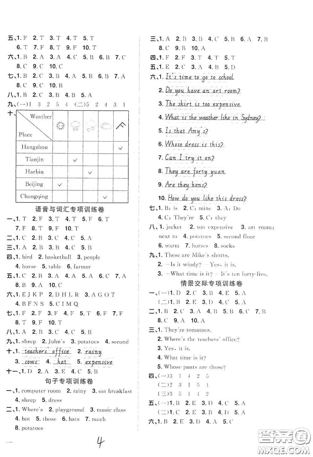 浙江教育出版社2020陽光同學(xué)全優(yōu)達(dá)標(biāo)好卷四年級英語下冊浙江專版答案