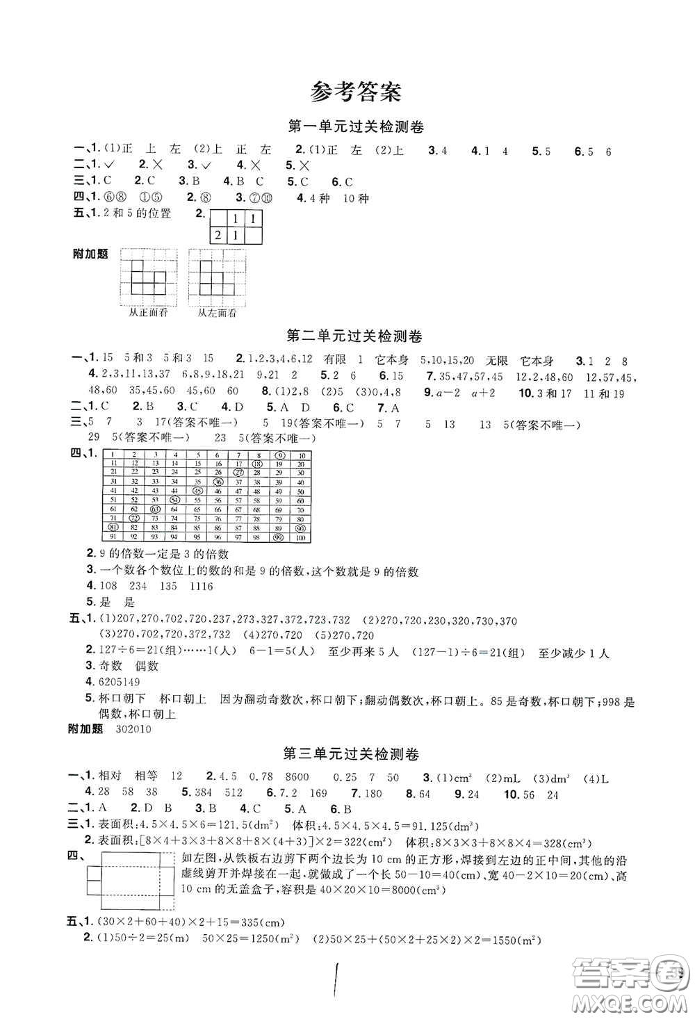 浙江教育出版社2020陽光同學(xué)全優(yōu)達標好卷五年級數(shù)學(xué)下冊人教版浙江專版答案