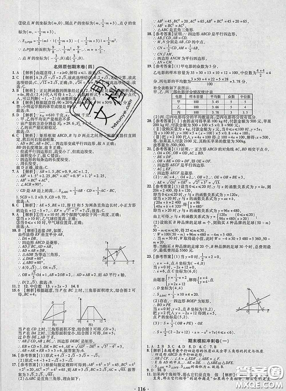 2020新版金榜名題單元加期末卷八年級數(shù)學(xué)下冊人教版參考答案