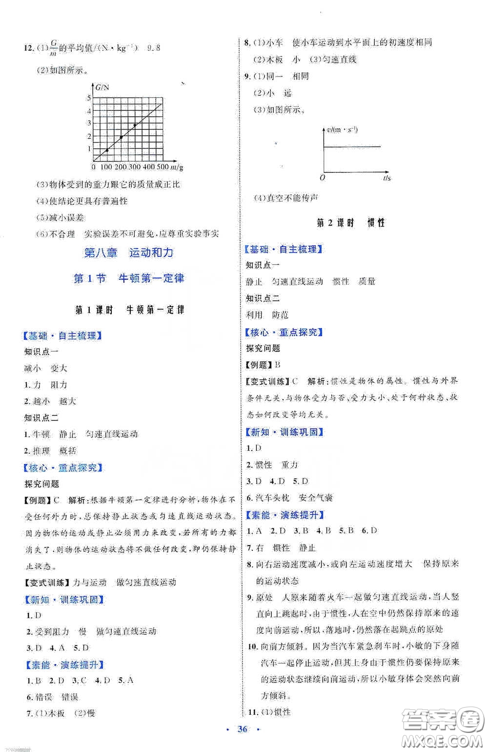 內(nèi)蒙古教育出版社2020學習目標與檢測八年級物理下冊人教版答案