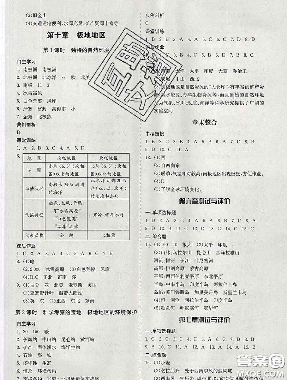 2020春名師小課堂同步精練七年級地理下冊人教版答案