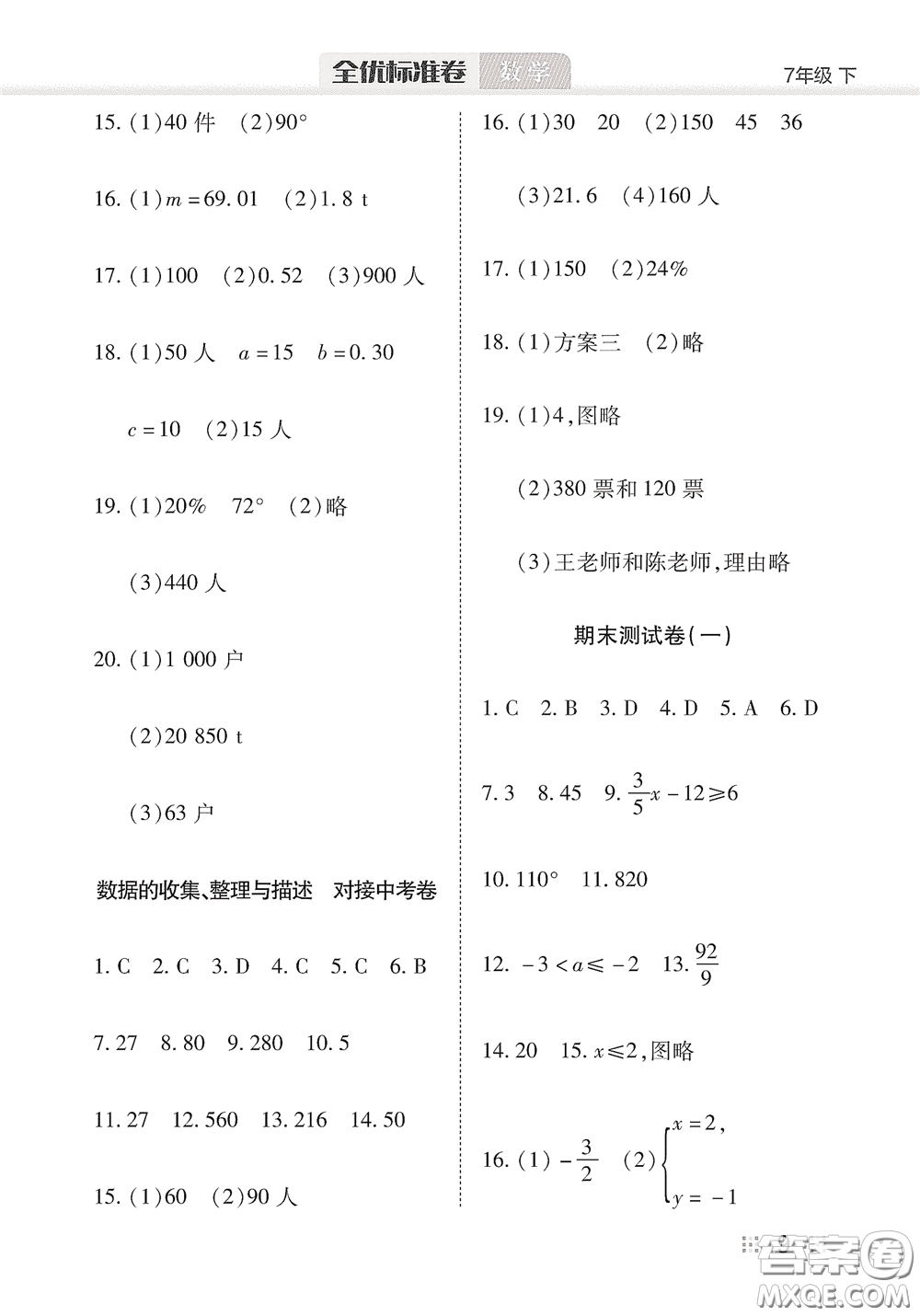 湖北教育出版社2020全優(yōu)標(biāo)準(zhǔn)卷七年級(jí)數(shù)學(xué)下冊(cè)答案