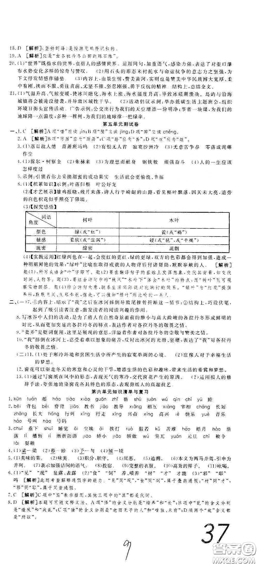 湖北教育出版社2020全優(yōu)標準卷八年級語文下冊答案