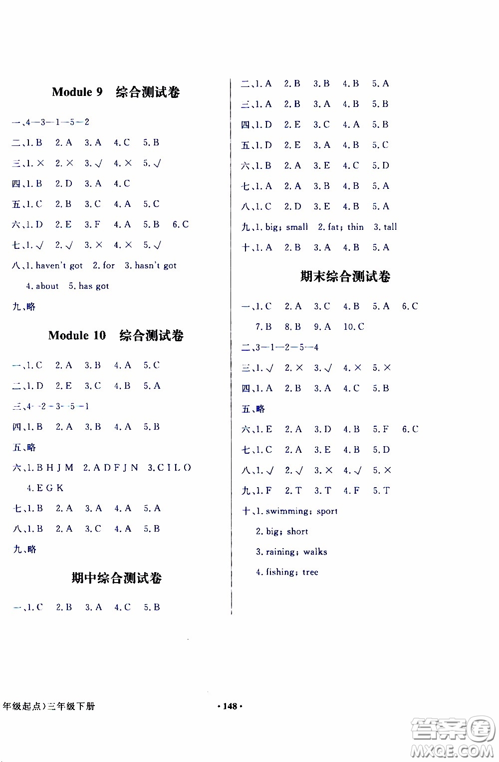 2020年陽(yáng)光課堂英語(yǔ)三年級(jí)起點(diǎn)三年級(jí)下冊(cè)外研版參考答案