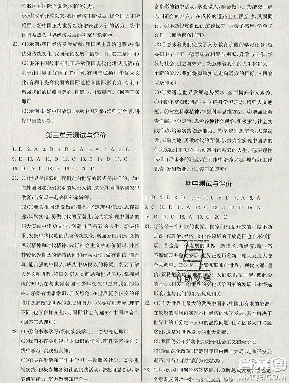 2020春名師小課堂同步精練九年級道德與法治下冊人教版答案