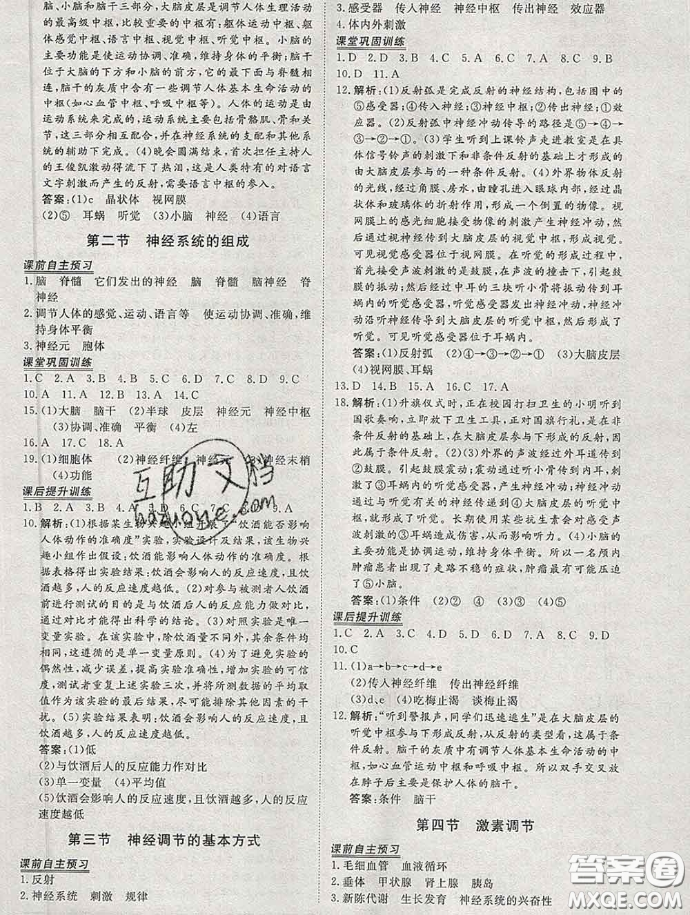 2020新版標(biāo)準(zhǔn)課堂作業(yè)七年級(jí)生物下冊(cè)人教版參考答案