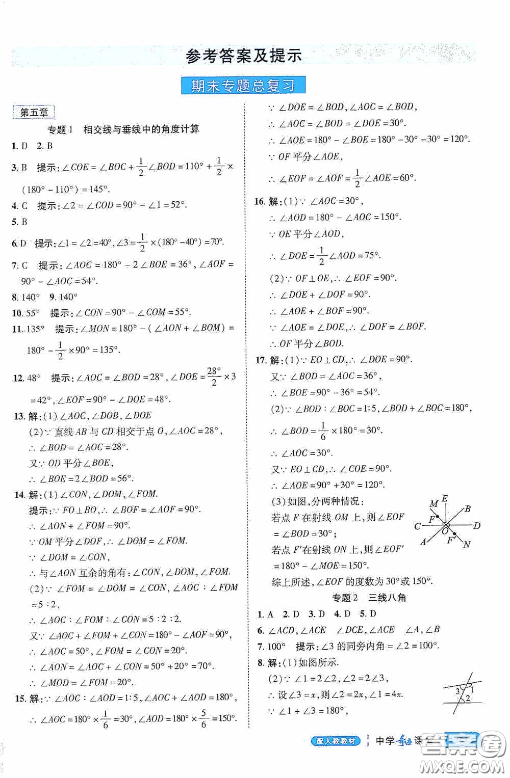 世紀英才中學奇跡課堂2020期末專題總復習七年級數學下冊人教版教材答案