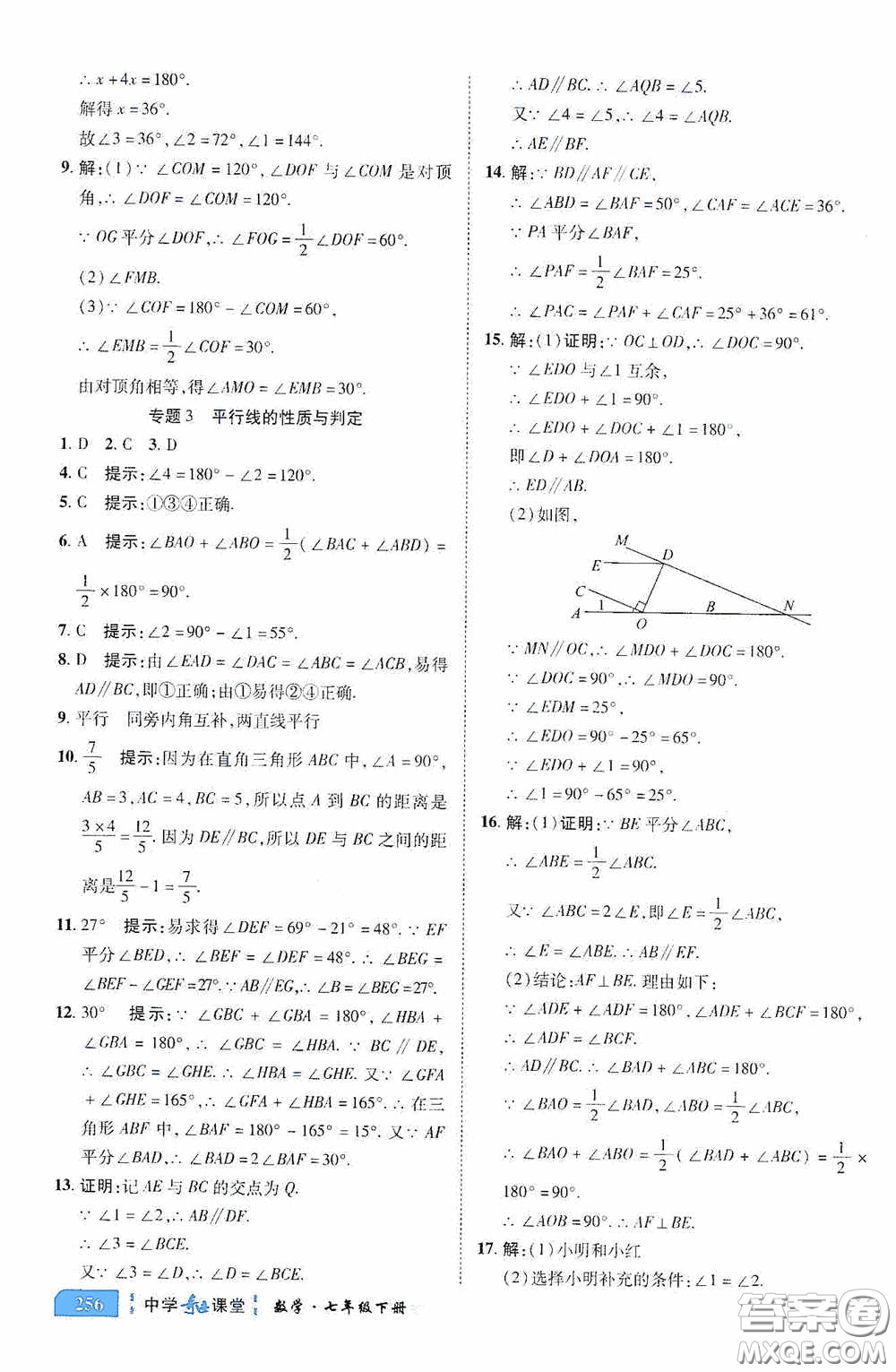 世紀英才中學奇跡課堂2020期末專題總復習七年級數學下冊人教版教材答案