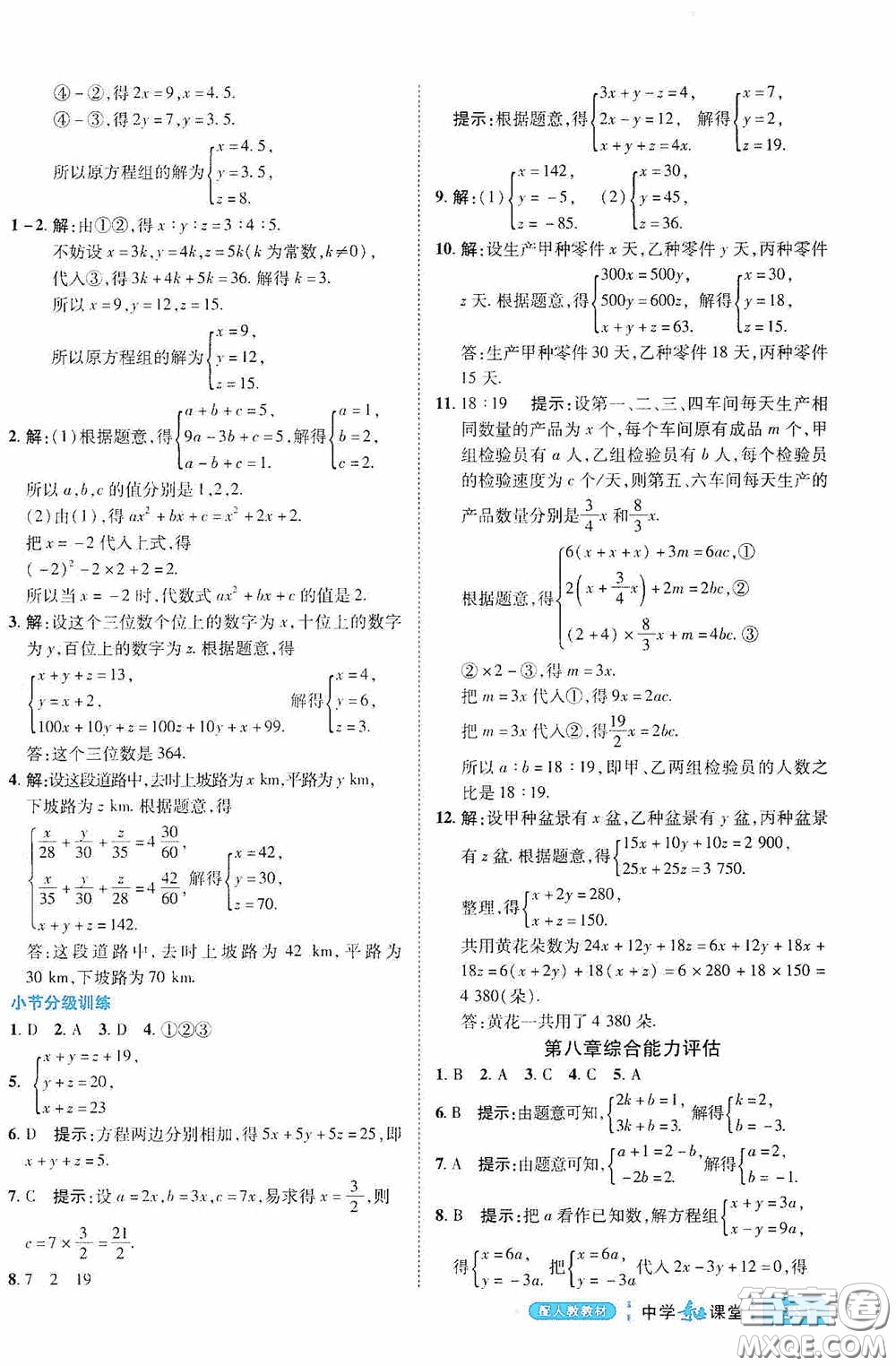 世紀英才中學奇跡課堂2020期末專題總復習七年級數學下冊人教版教材答案