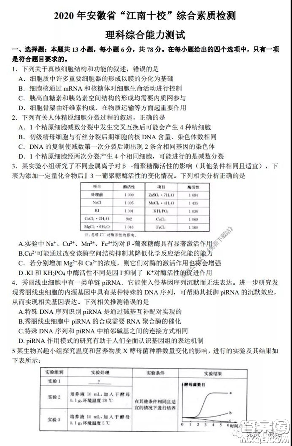 2020年安徽省江南十校綜合素質(zhì)檢測理科綜合試題及答案