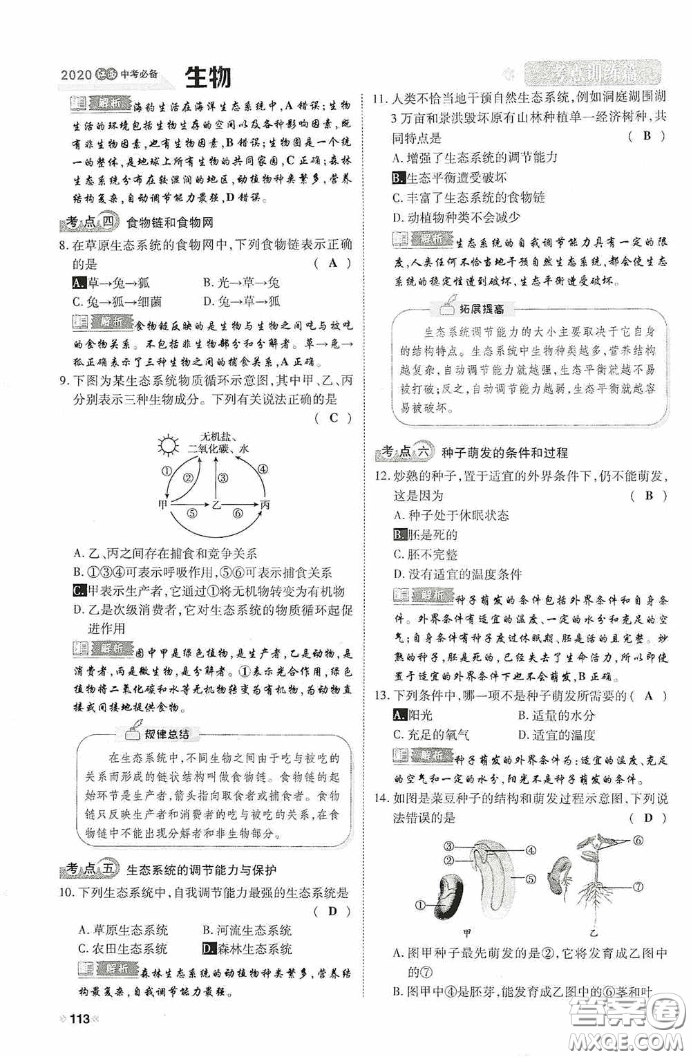 2020中考一卷通考點(diǎn)訓(xùn)練篇生物6篇訓(xùn)練答案