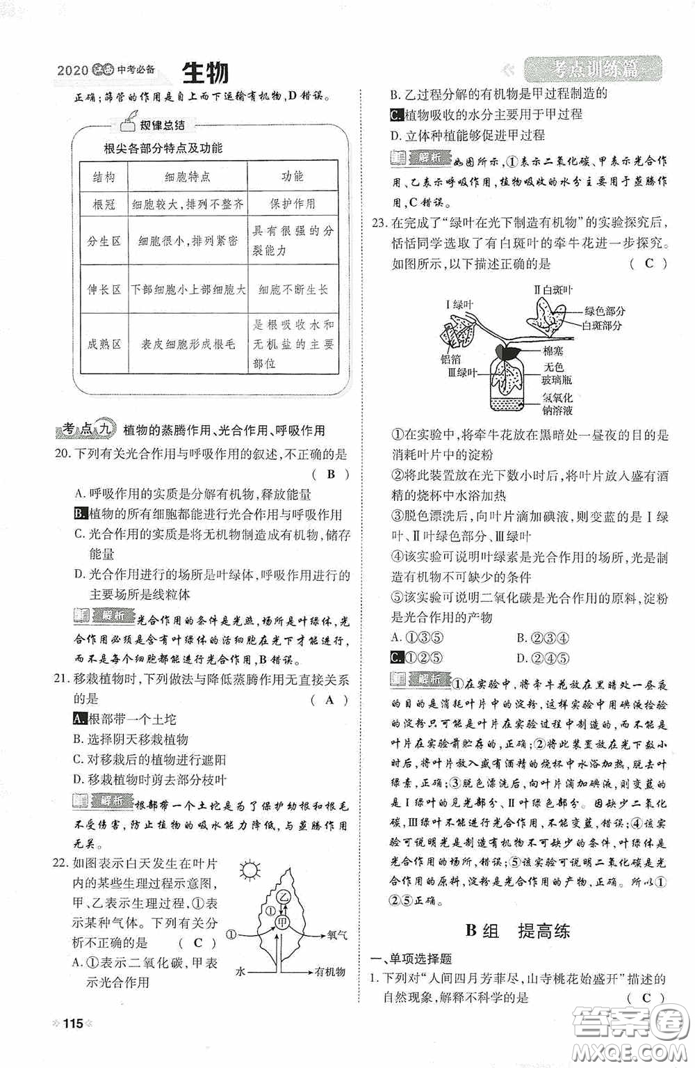 2020中考一卷通考點(diǎn)訓(xùn)練篇生物6篇訓(xùn)練答案