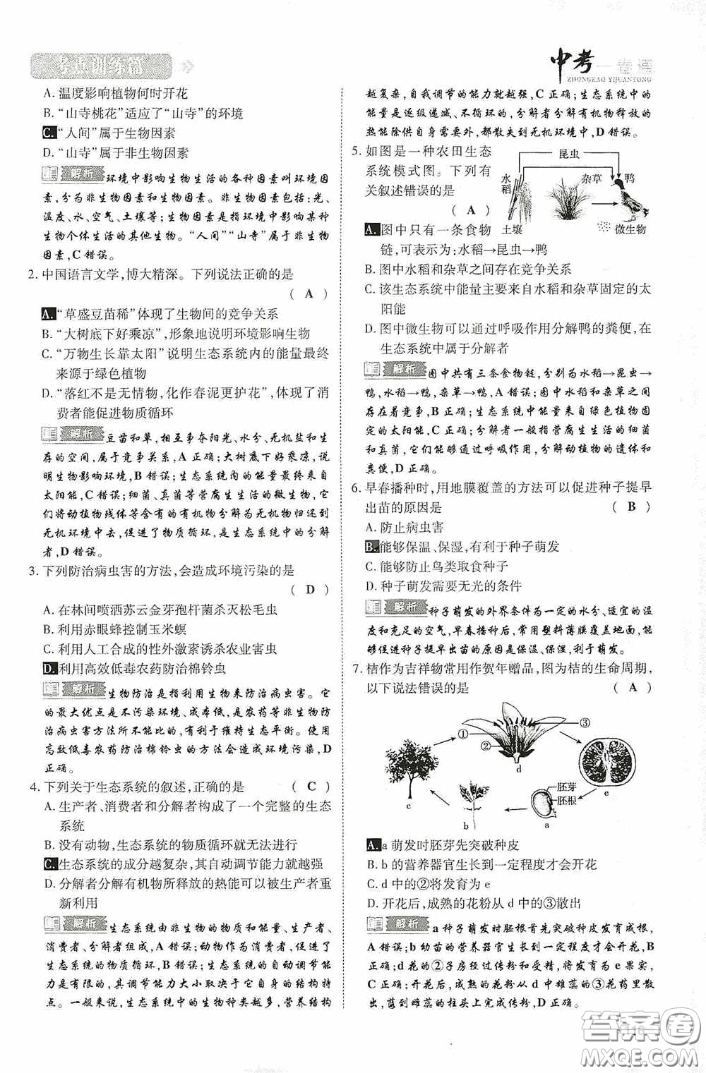 2020中考一卷通考點(diǎn)訓(xùn)練篇生物6篇訓(xùn)練答案