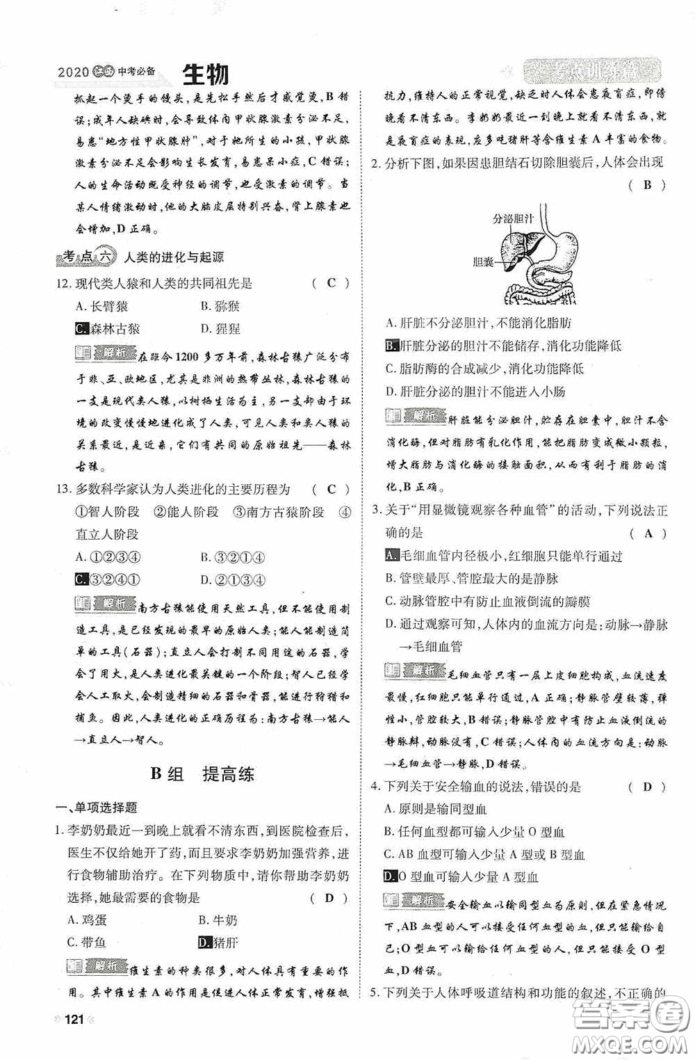 2020中考一卷通考點(diǎn)訓(xùn)練篇生物6篇訓(xùn)練答案