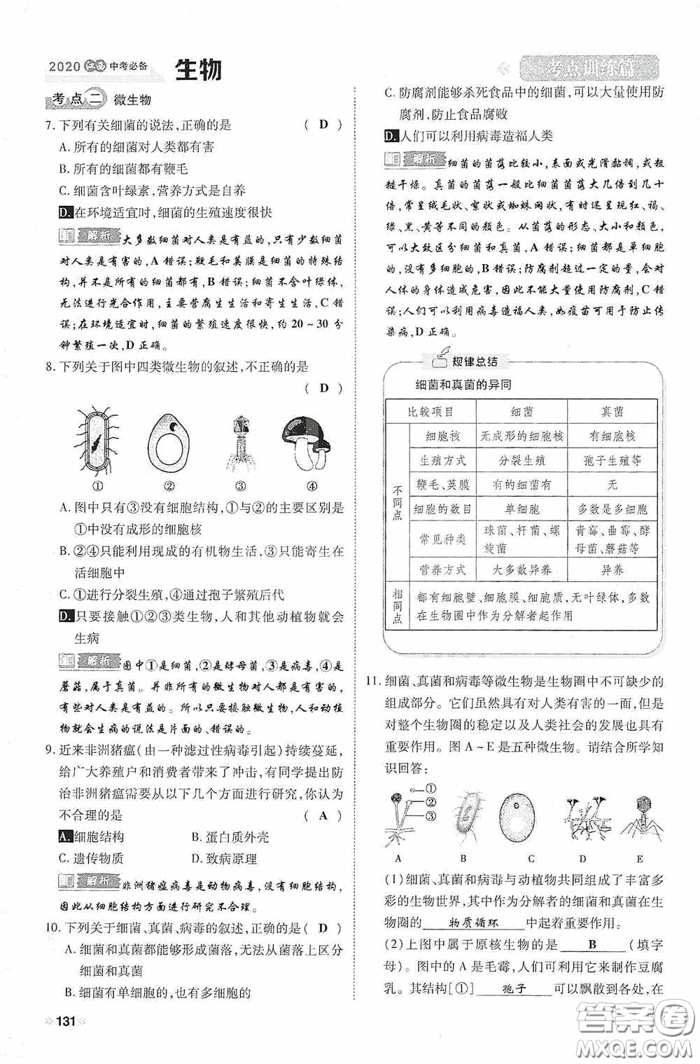 2020中考一卷通考點(diǎn)訓(xùn)練篇生物6篇訓(xùn)練答案