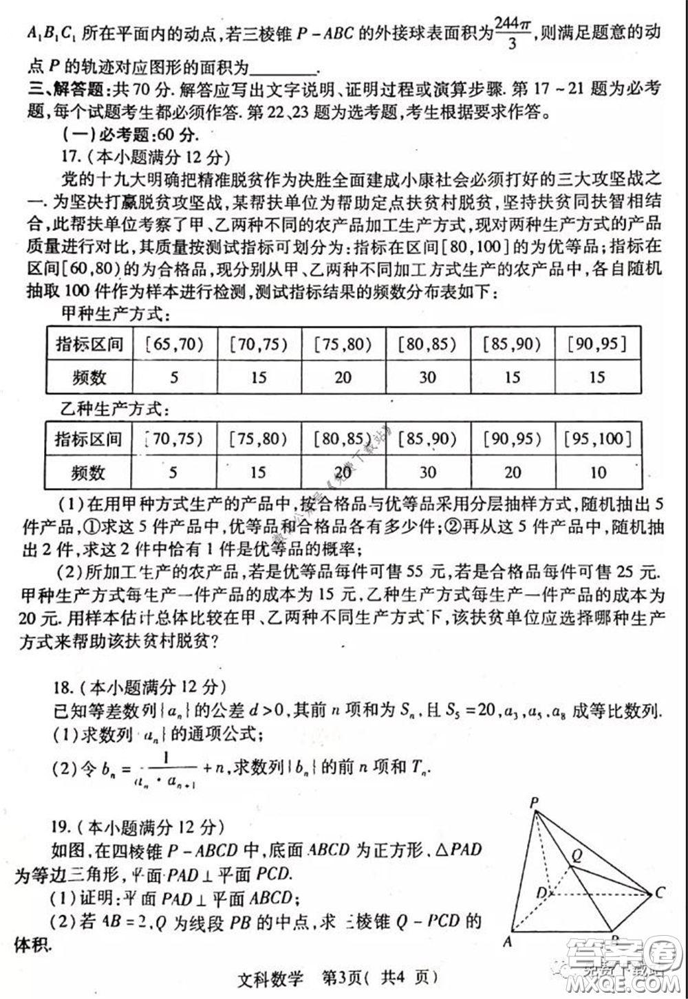 2020年河南省六市高三第一次模擬調(diào)研文科數(shù)學試題答案