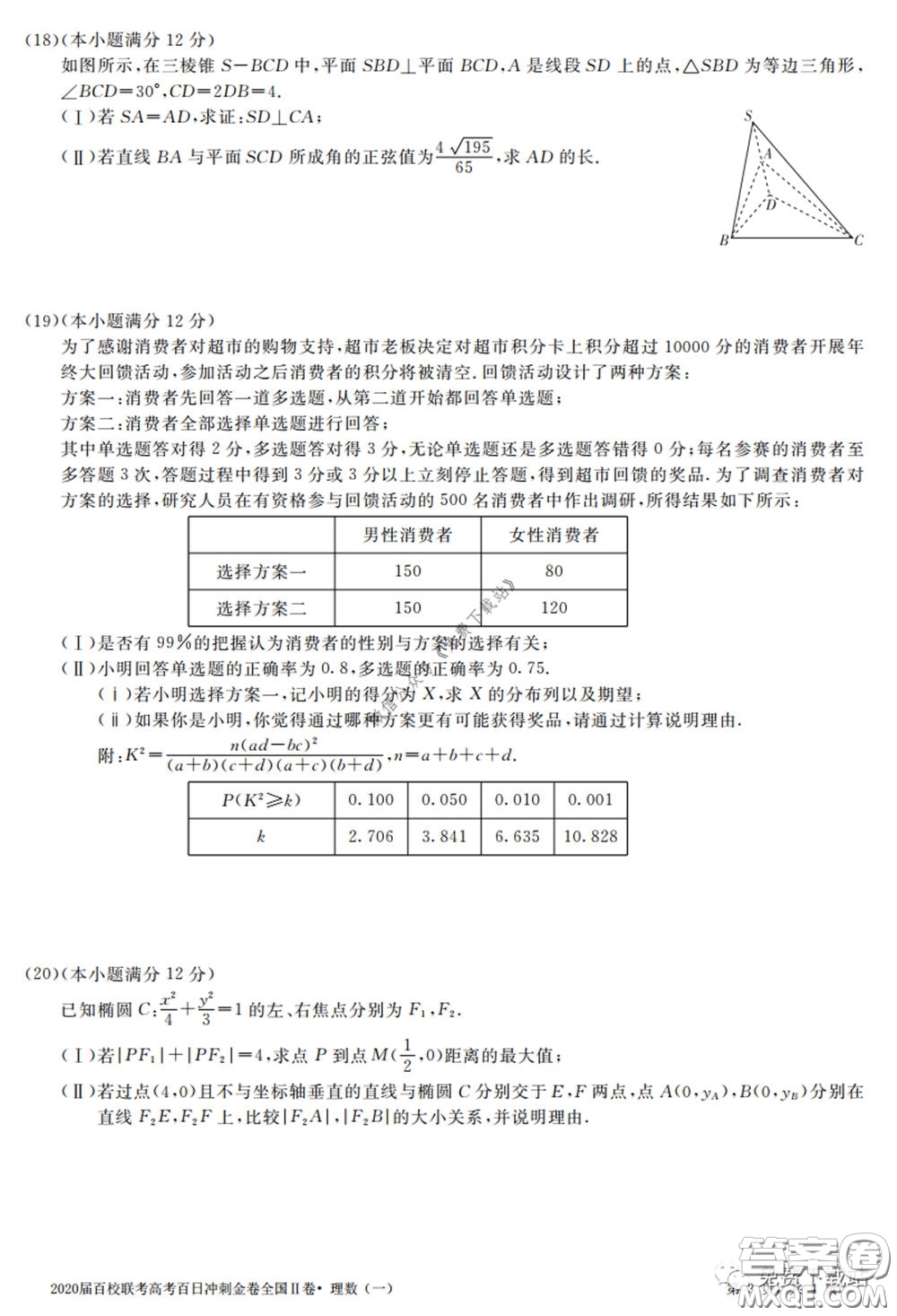 2020屆百校聯(lián)考高考百日沖刺金卷一全國(guó)二卷理科數(shù)學(xué)試題及答案