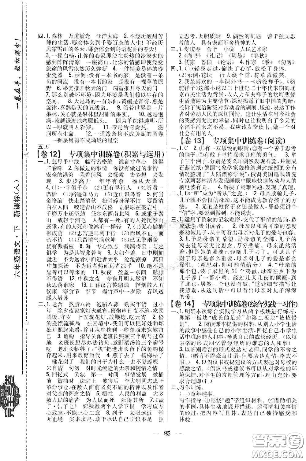 吉林人民出版社2020小學(xué)教材完全考卷六年級(jí)語文下冊(cè)新課標(biāo)人教版答案