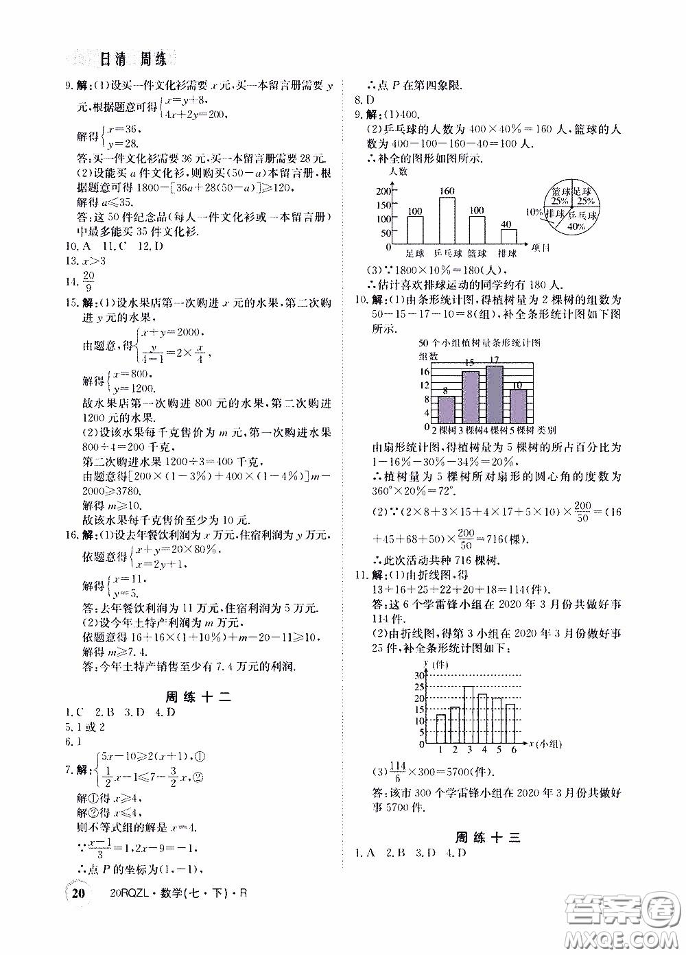 2020年日清周練限時(shí)提升卷數(shù)學(xué)七年級(jí)下冊(cè)R人教版參考答案