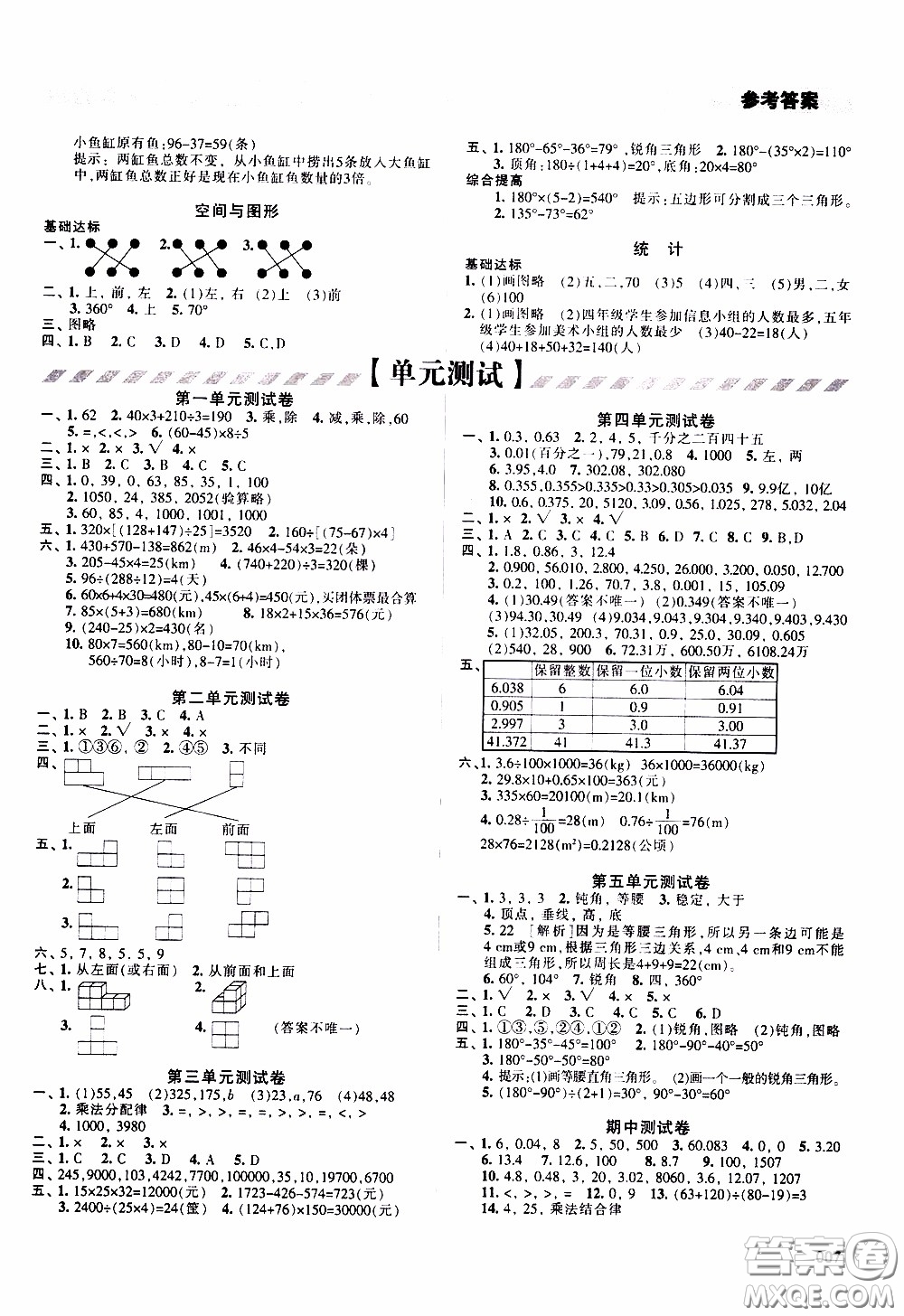 2020年學習質量監(jiān)測數學四年級下冊人教版參考答案