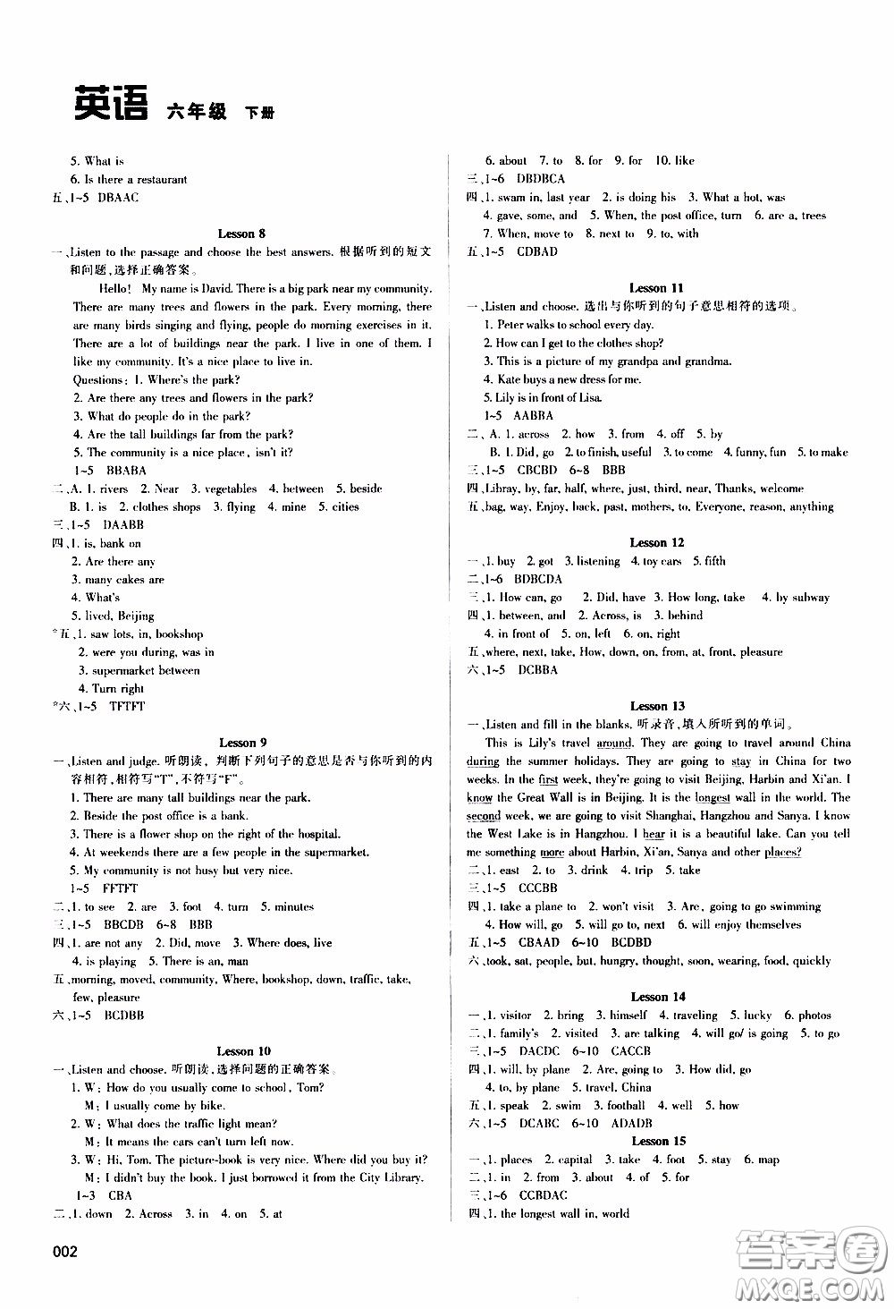 2020年學(xué)習(xí)質(zhì)量監(jiān)測英語六年級下冊人教版參考答案