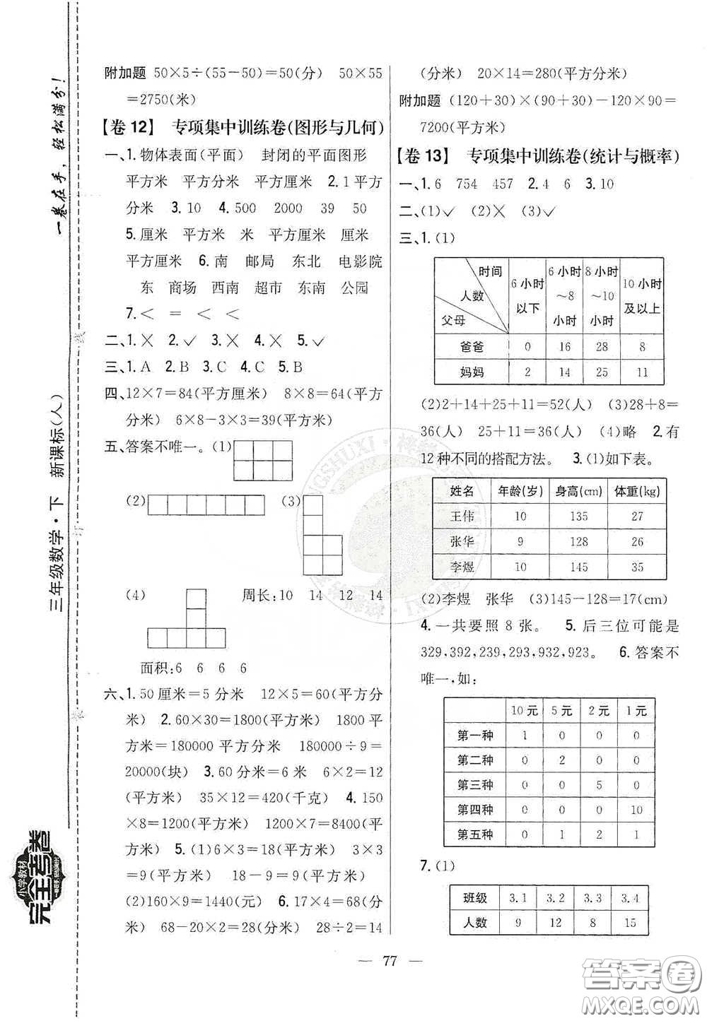 吉林人民出版社2020小學(xué)教材完全考卷三年級數(shù)學(xué)下冊新課標人教版答案