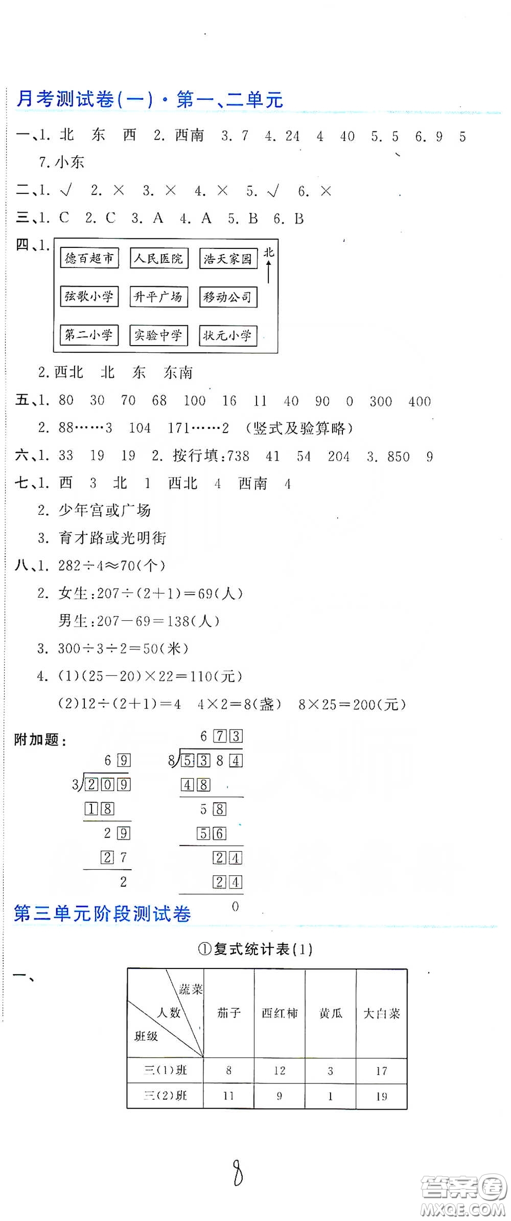 北京教育出版社2020新目標(biāo)檢測同步單元測試卷三年級數(shù)學(xué)下冊人教版答案