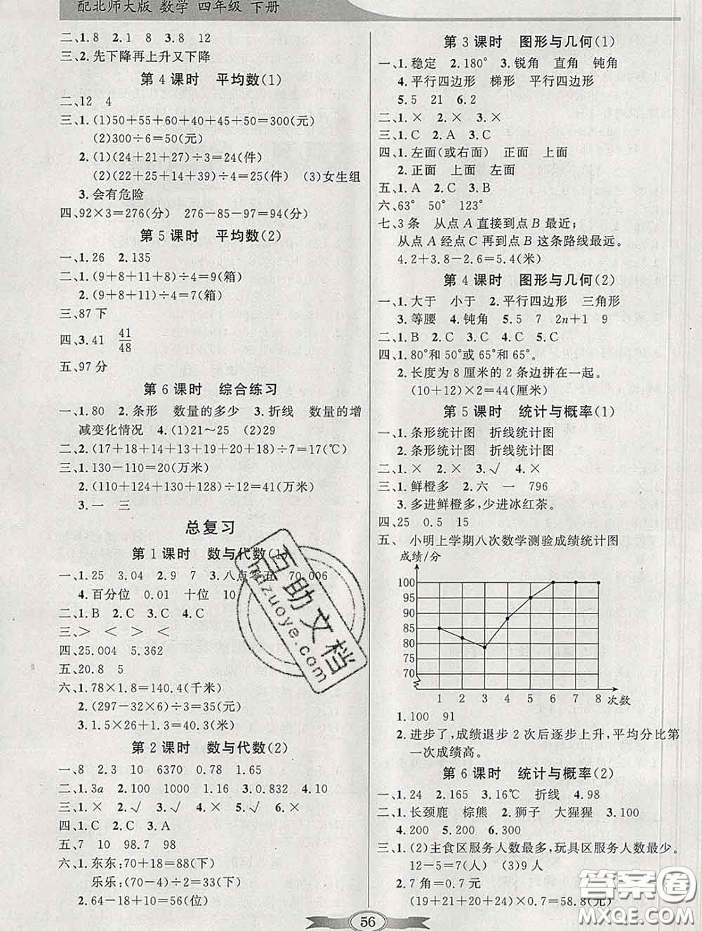 百年學典2020新版同步導學與優(yōu)化訓練四年級數(shù)學下冊北師版參考答案