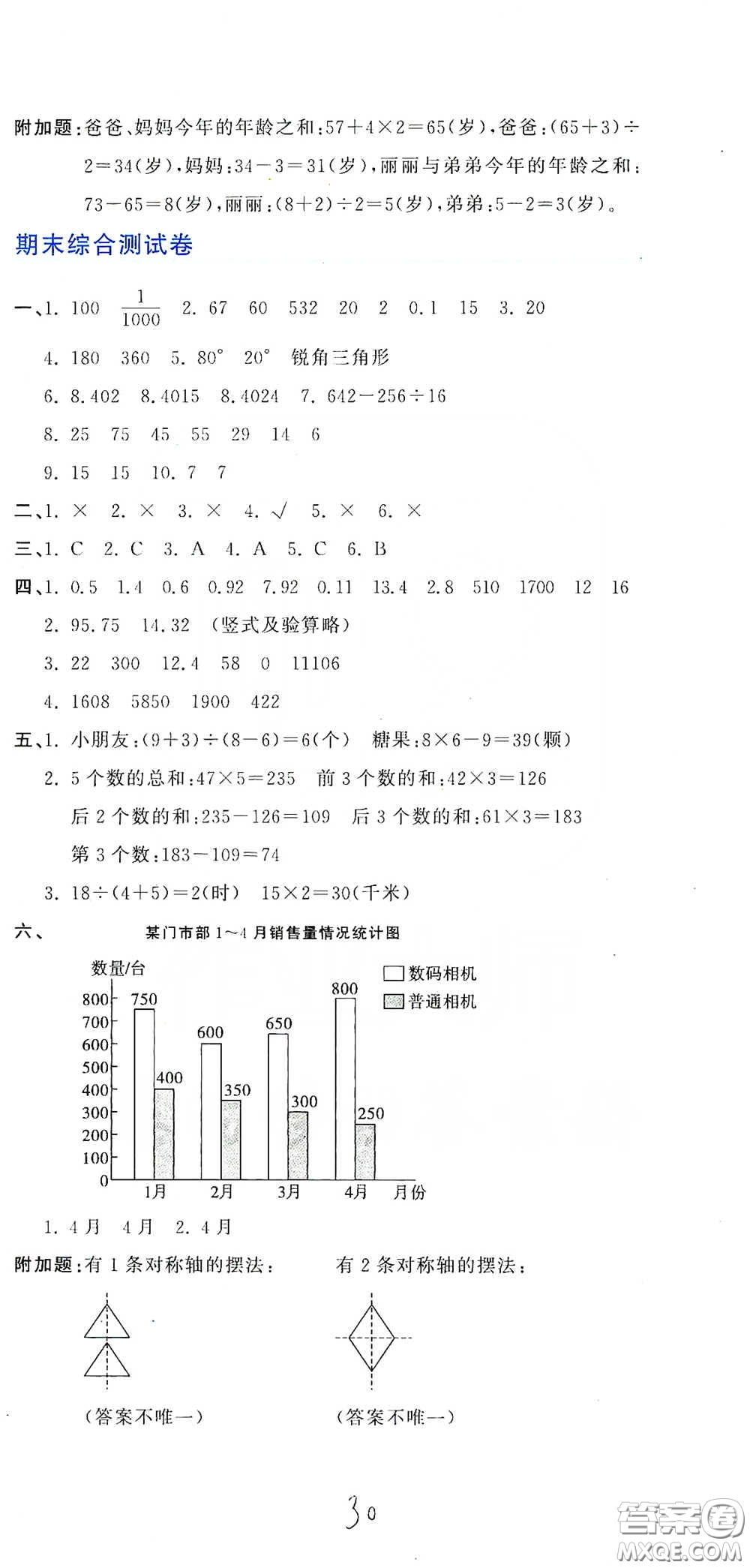 北京教育出版社2020新目標(biāo)檢測同步單元測試卷四年級數(shù)學(xué)下冊人教版答案