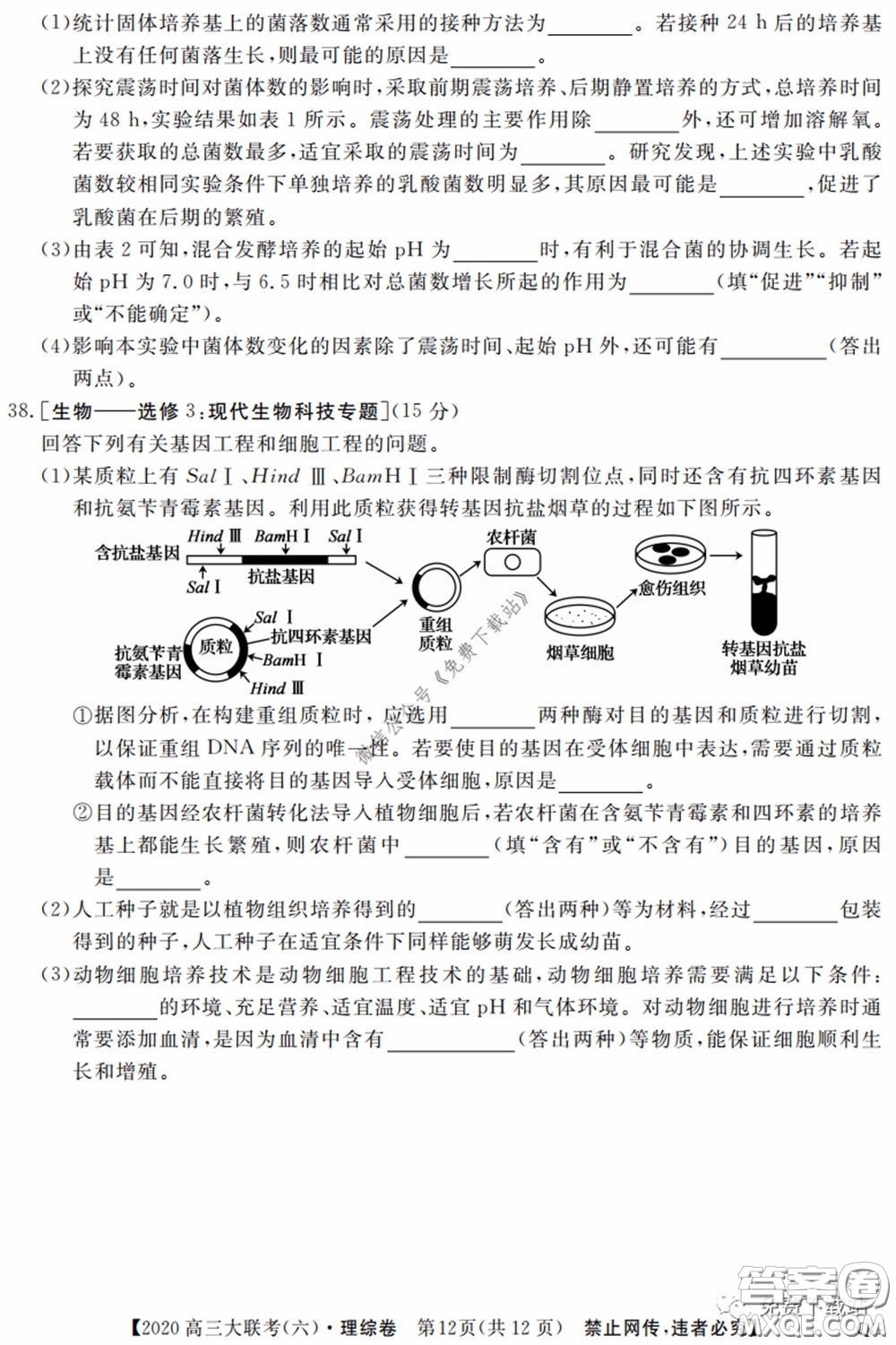 全國百所名校2020屆高三大聯(lián)考調(diào)研試卷六理綜試題及答案