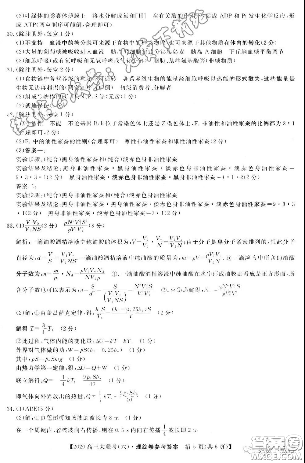 全國百所名校2020屆高三大聯(lián)考調(diào)研試卷六理綜試題及答案