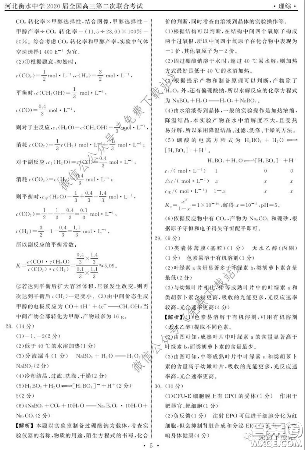 河北衡水中學(xué)2020屆全國高三第二次聯(lián)合考試?yán)砭C答案