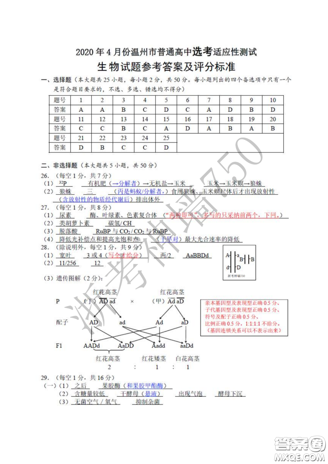 2020年4月溫州市普通高中高考適應性測試生物答案