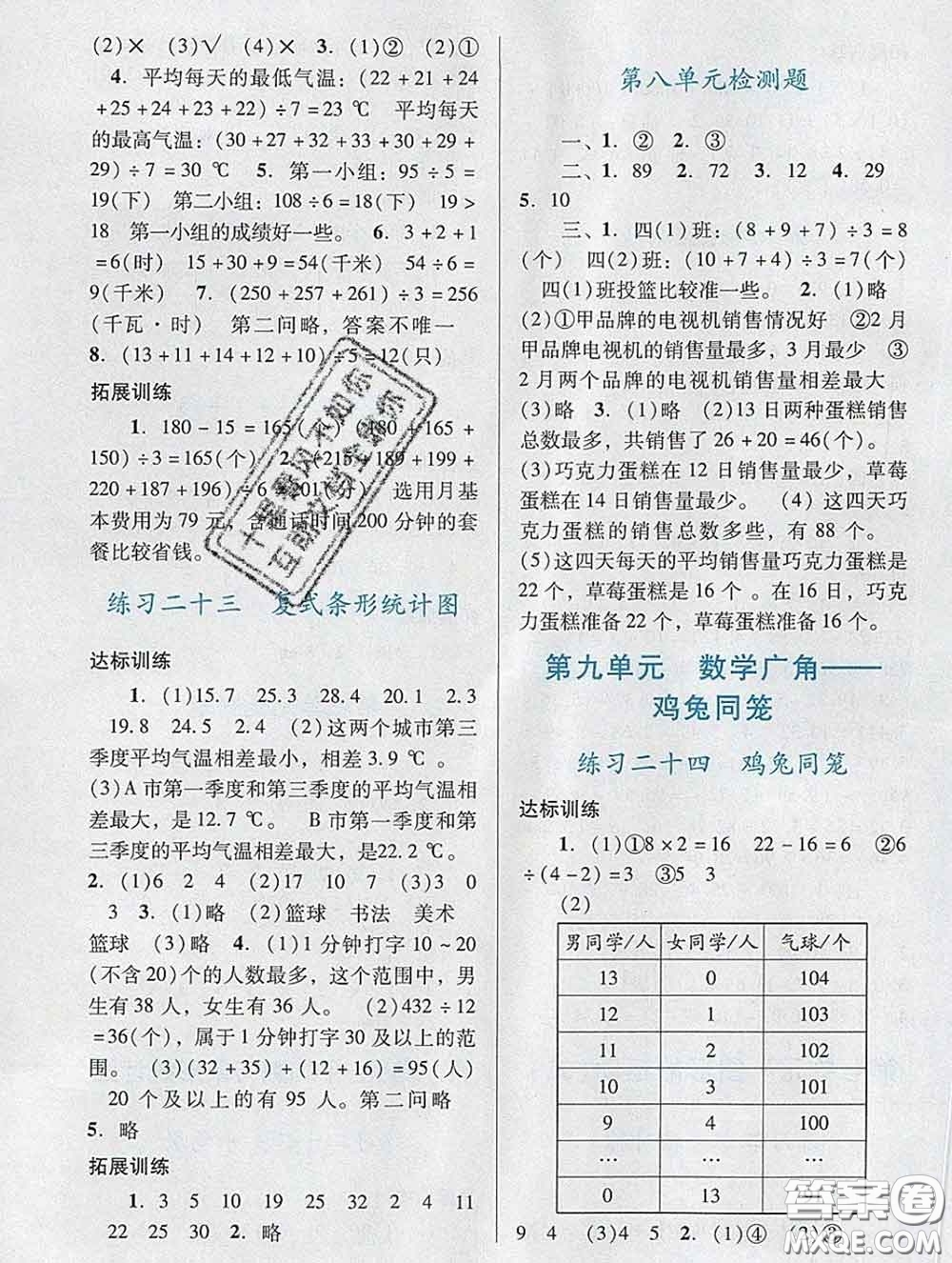 2020新版陽光學(xué)業(yè)評價四年級數(shù)學(xué)下冊人教版參考答案