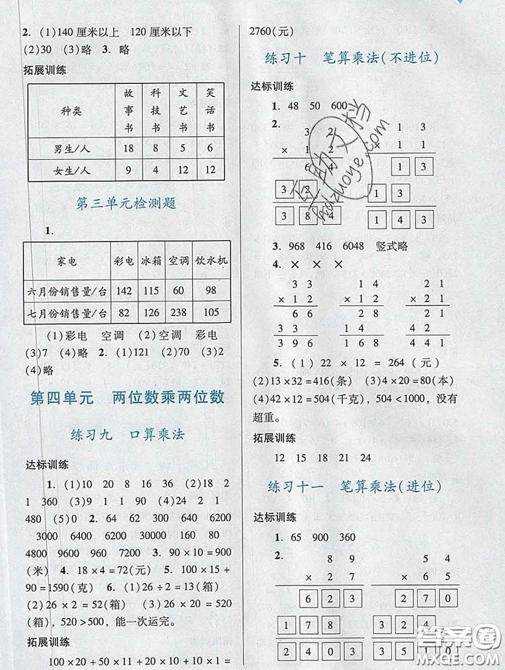 2020新版陽(yáng)光學(xué)業(yè)評(píng)價(jià)三年級(jí)數(shù)學(xué)下冊(cè)人教版參考答案