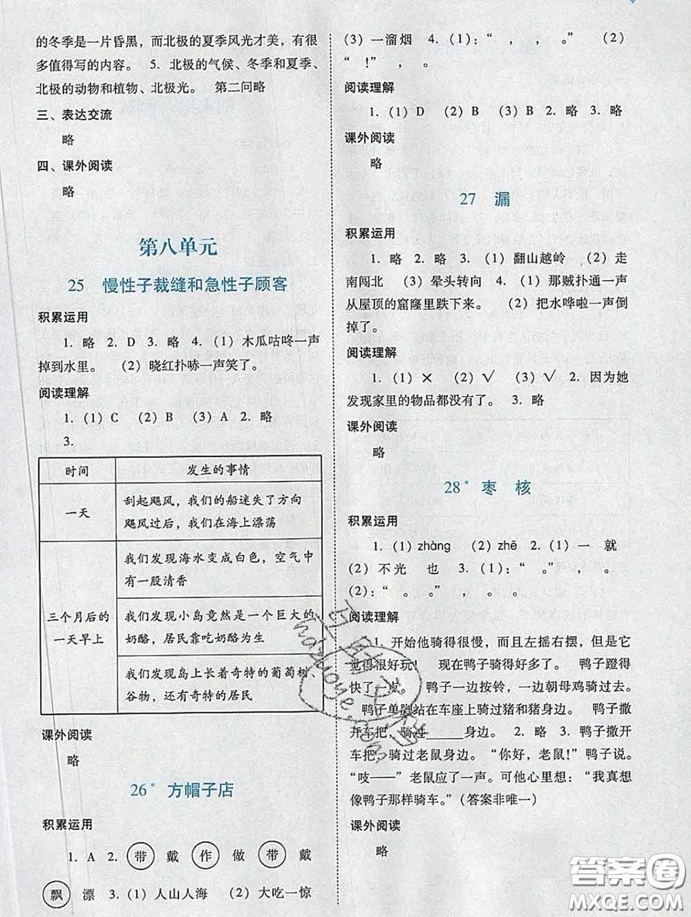 2020新版陽光學(xué)業(yè)評價三年級語文下冊人教版參考答案