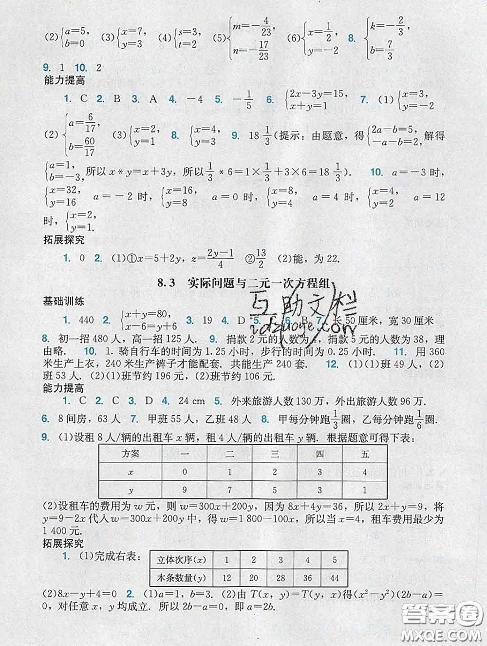 2020新版陽光學(xué)業(yè)評(píng)價(jià)七年級(jí)數(shù)學(xué)下冊(cè)人教版參考答案