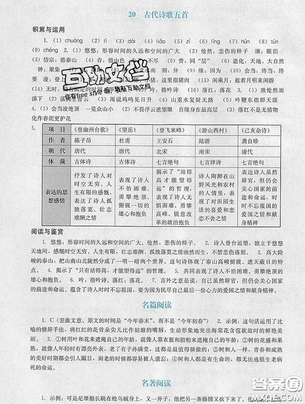 2020新版陽(yáng)光學(xué)業(yè)評(píng)價(jià)七年級(jí)語(yǔ)文下冊(cè)人教版參考答案