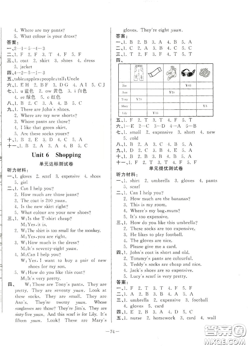 山東文藝出版社2020小學單元測試卷四年級英語下冊人教版答案