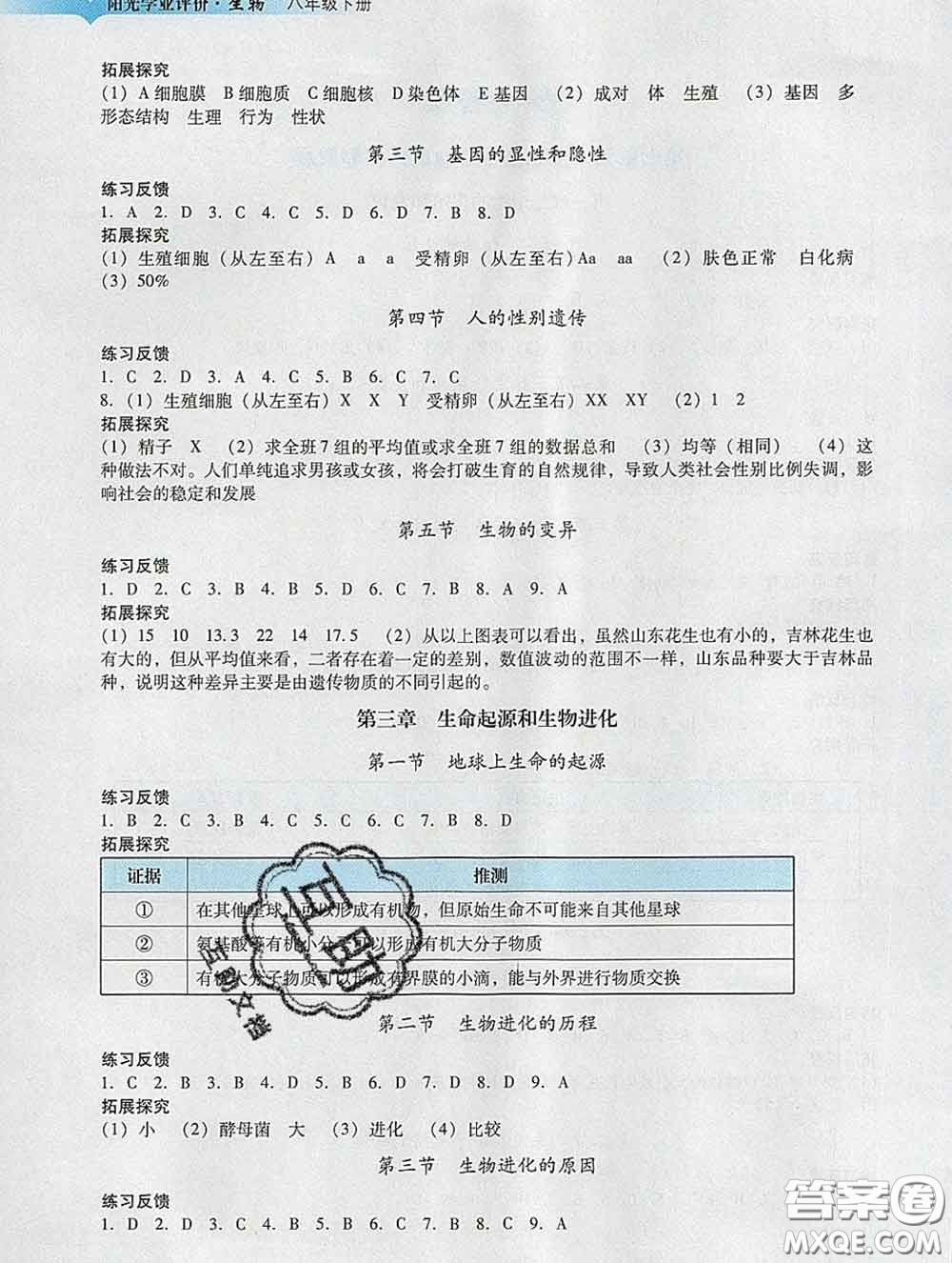 2020新版陽光學(xué)業(yè)評價八年級生物下冊人教版參考答案