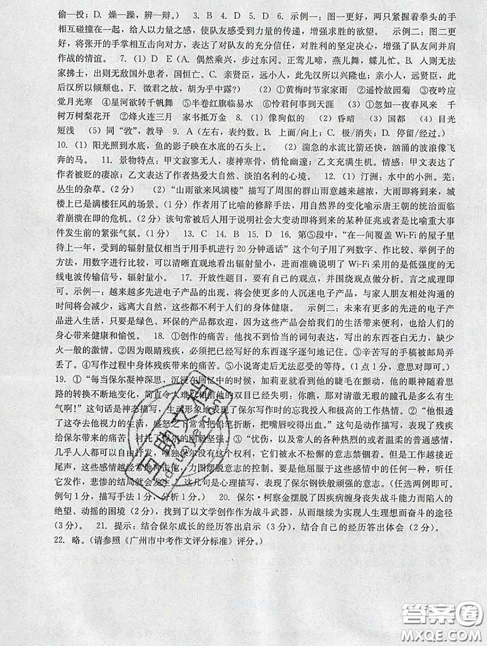 2020新版陽光學(xué)業(yè)評價九年級語文下冊人教版參考答案