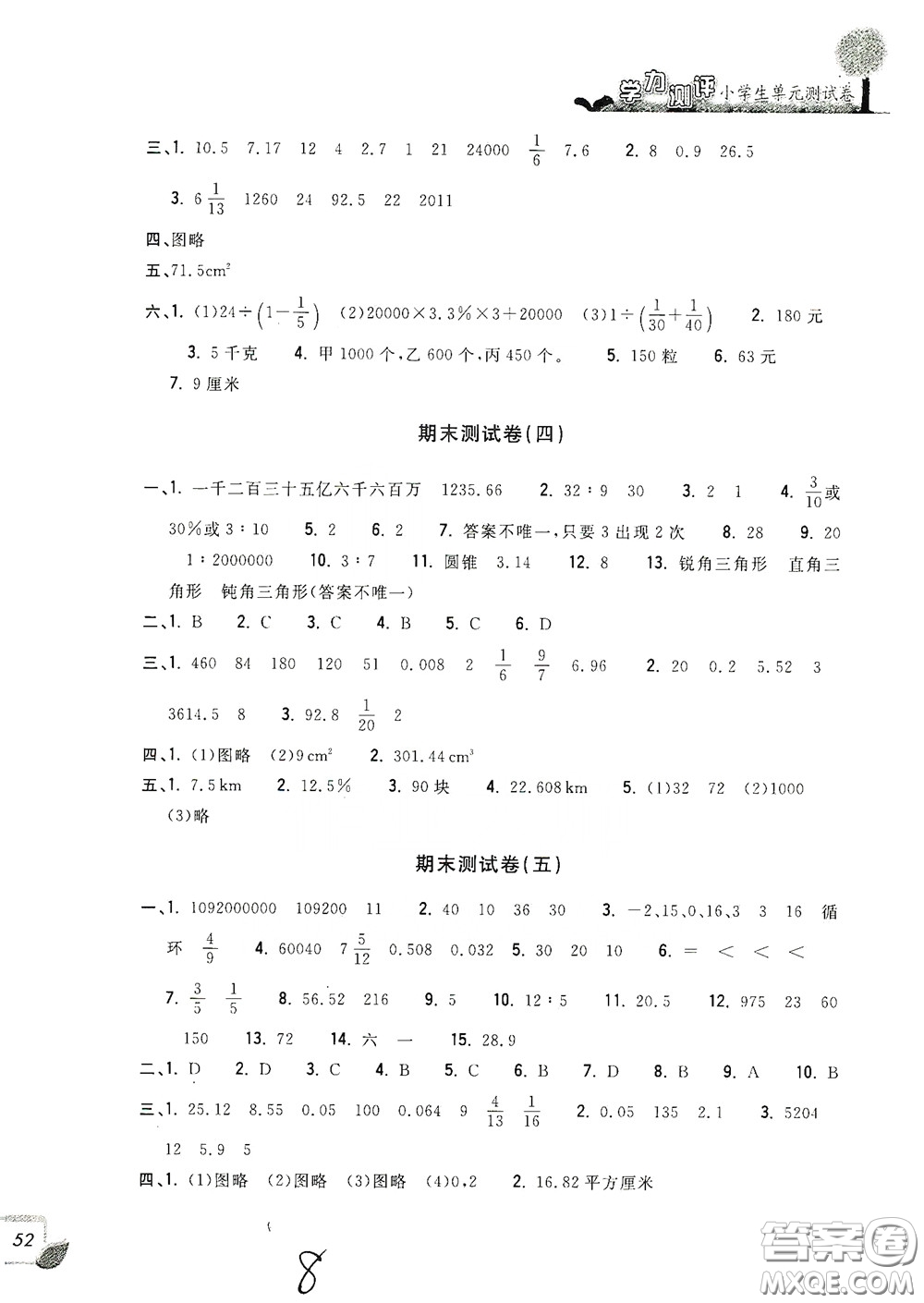 浙江工商大學(xué)出版社2020學(xué)力測(cè)評(píng)小學(xué)單元測(cè)試卷六年級(jí)數(shù)學(xué)下冊(cè)答案