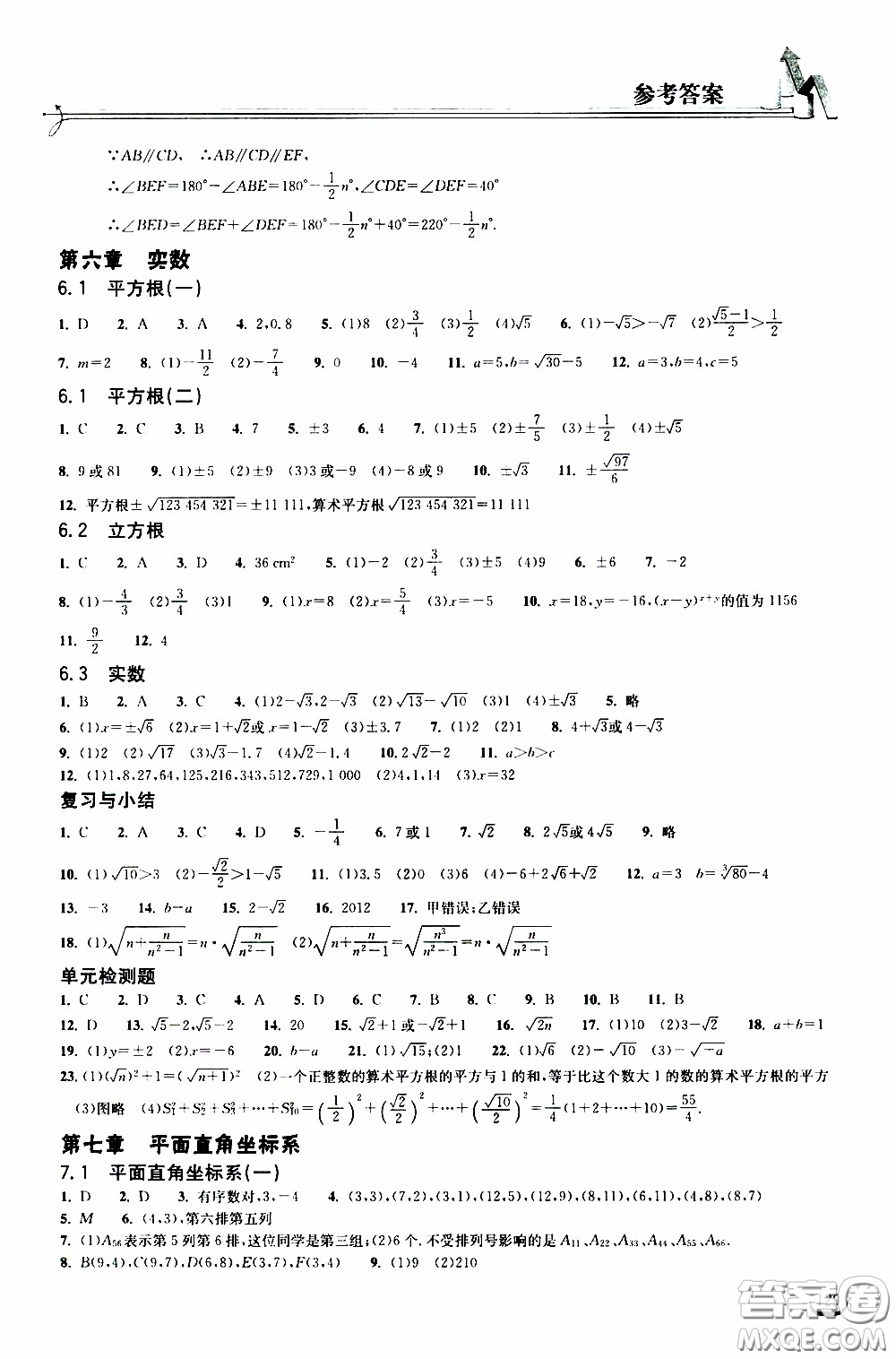 2020年長江作業(yè)本同步練習(xí)數(shù)學(xué)七年級下冊人教版參考答案