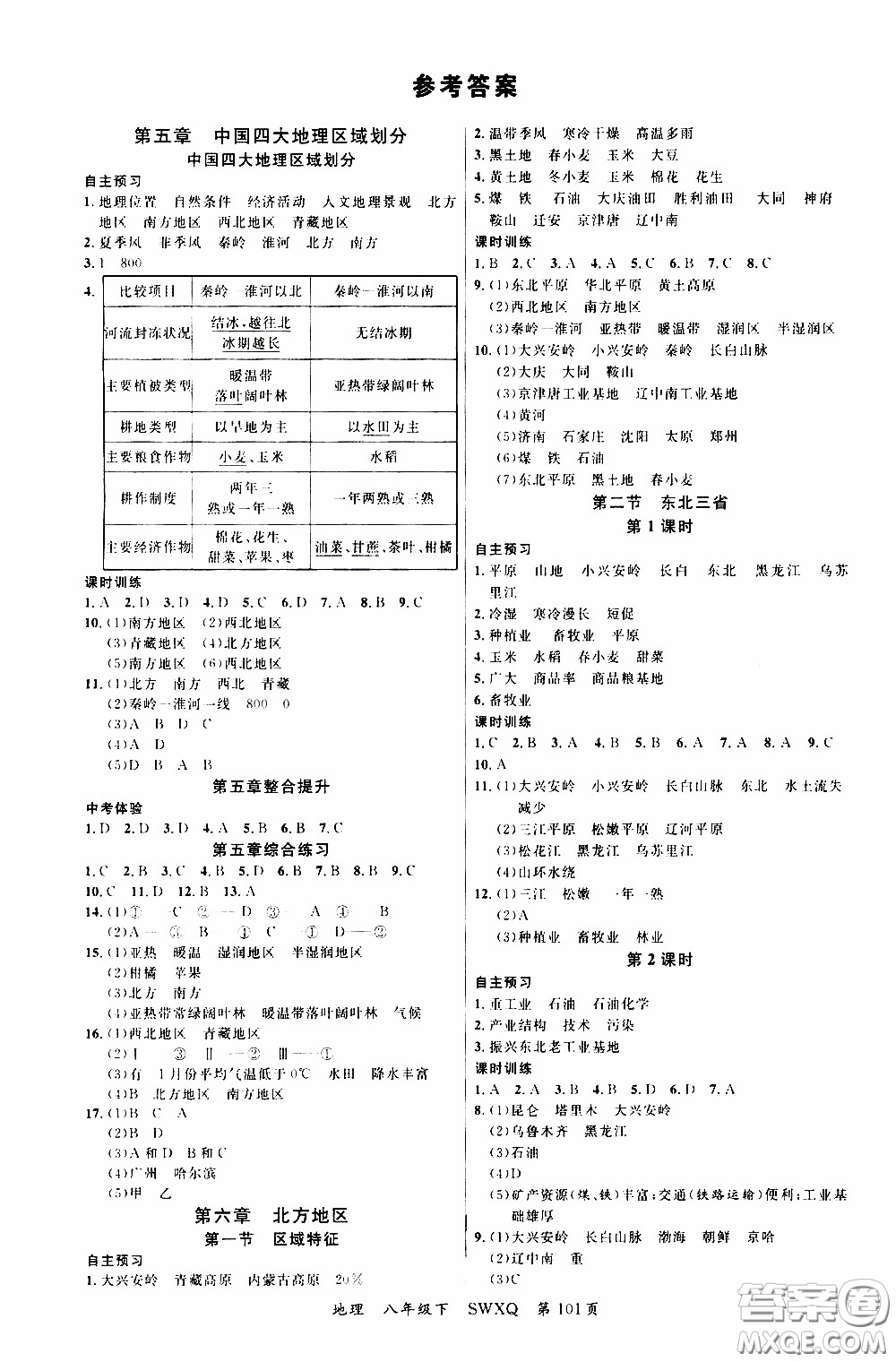 2020年學(xué)生課程精巧訓(xùn)練課堂創(chuàng)新學(xué)練測地理八年級下XQ星球版參考答案