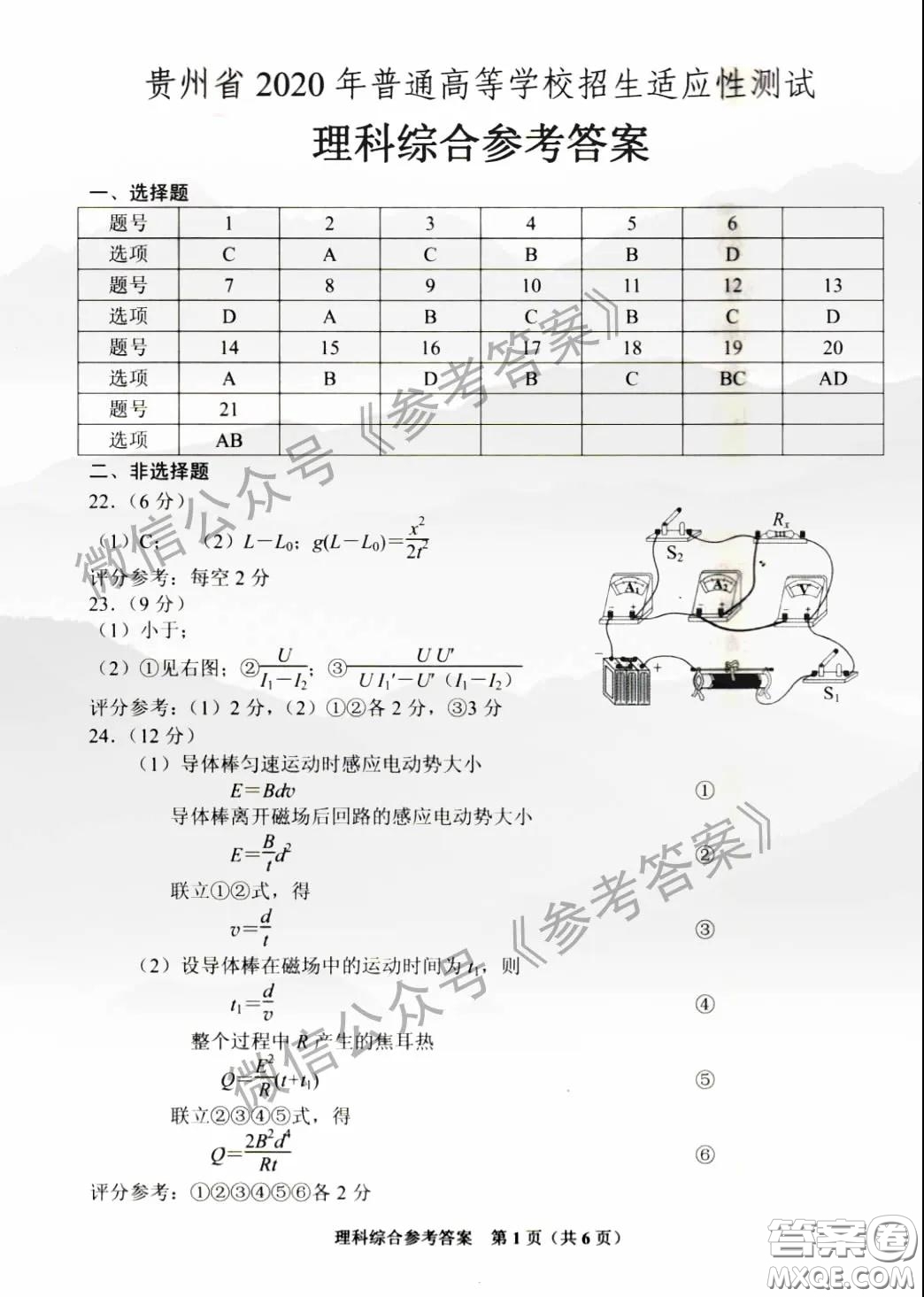 貴州省2020年普通高等學(xué)校招生適應(yīng)性測(cè)試?yán)砜凭C合參考答案