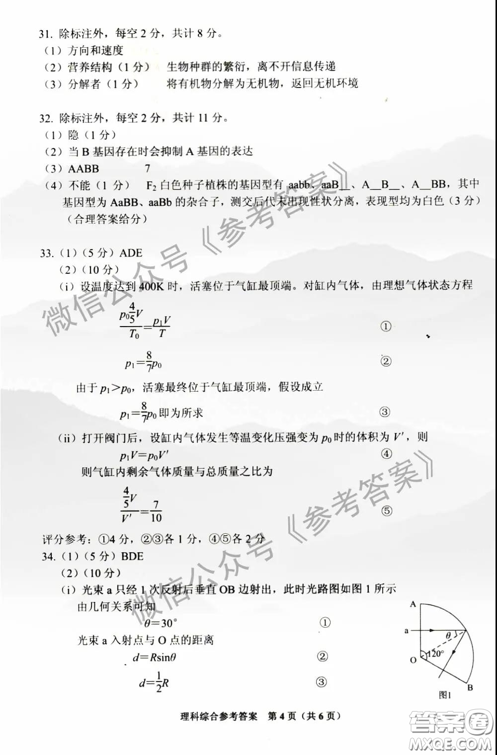 貴州省2020年普通高等學(xué)校招生適應(yīng)性測(cè)試?yán)砜凭C合參考答案