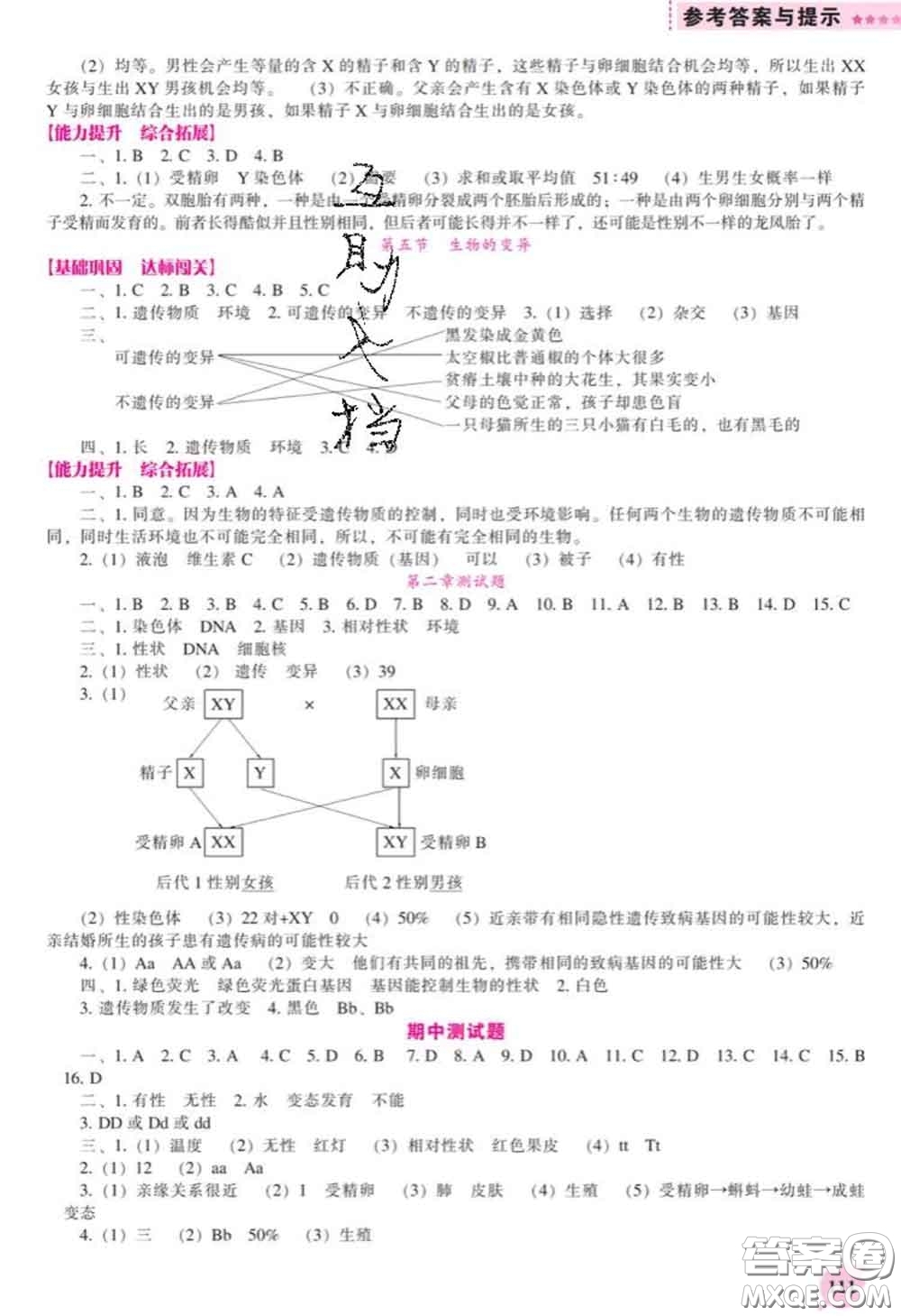 遼海出版社2020新版新課程生物能力培養(yǎng)八年級(jí)下冊(cè)人教版答案